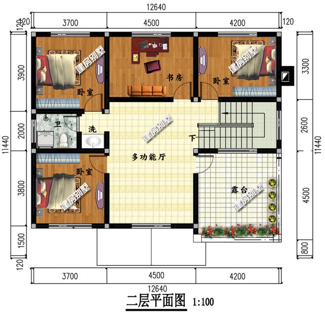 3栋面宽12.6米二层别墅设计图,都带堂屋设计,都是5间卧室